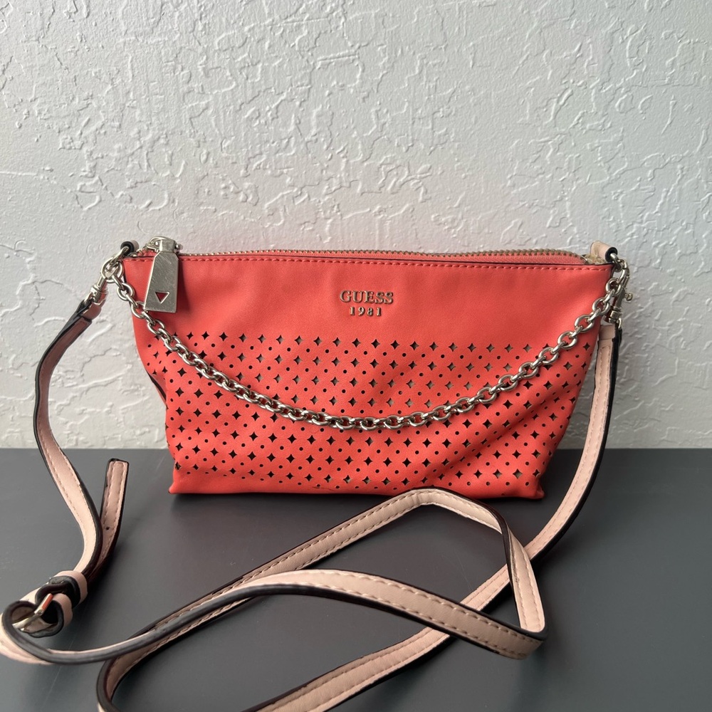 Vintage Guess Coral Crossbody Bag with Chain Accent